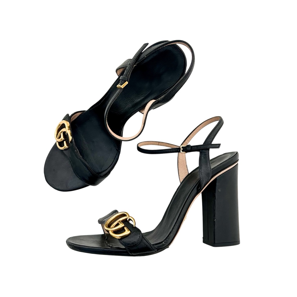 Gucci Marmont Gg Logo High Block Heel Ankle Strap Sandals Black Leather Eu 39.5
